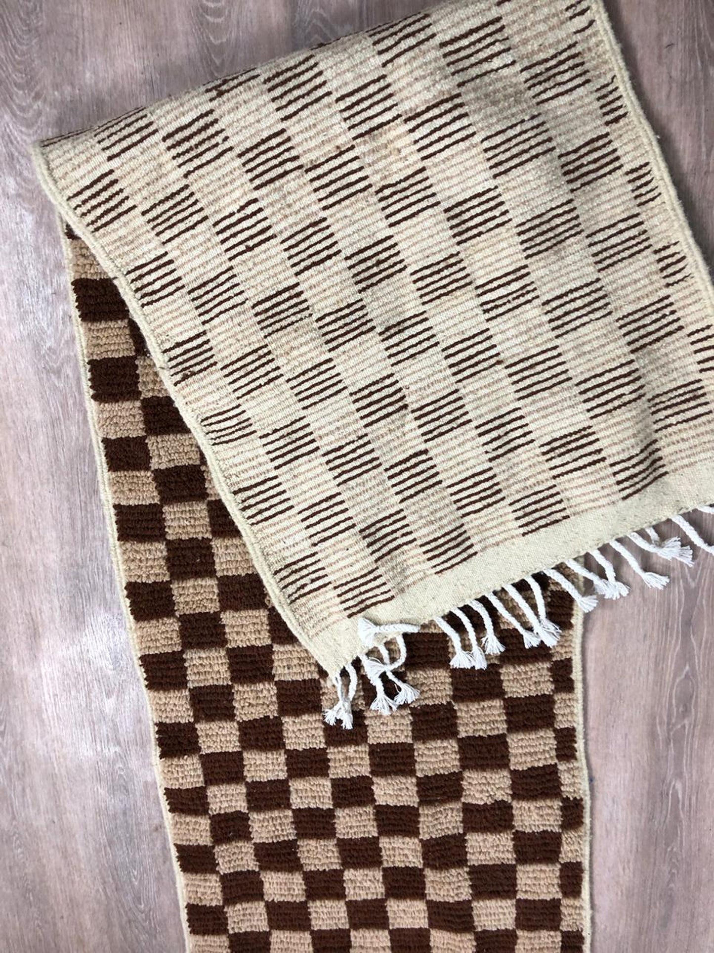 Narrow Moroccan Checkered runner, Brown and cream Berber rug