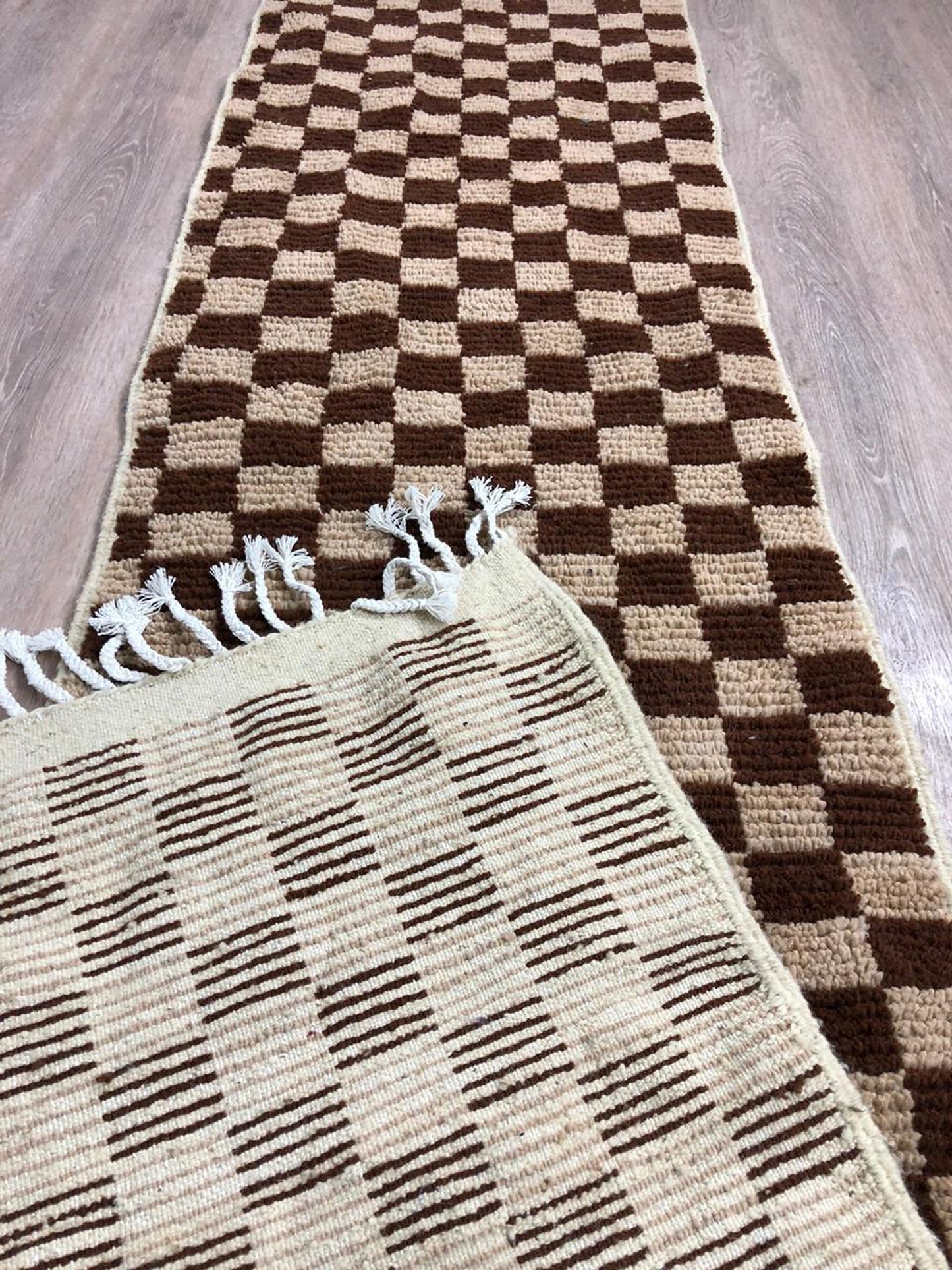 Narrow Moroccan Checkered runner, Brown and cream Berber rug