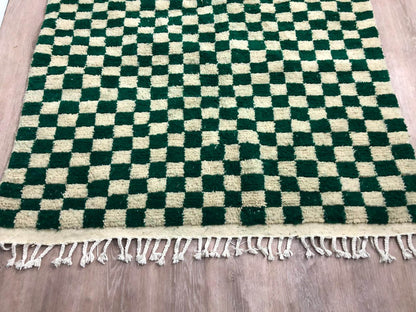 Green Moroccan Checkered rug, Wool soft shag Area Rugs.