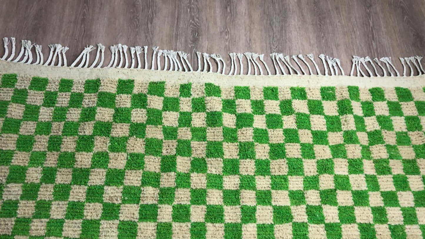 Light Green and beige Moroccan Berber checkered rug.