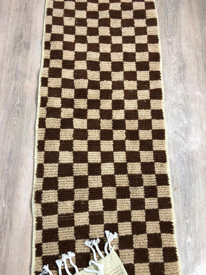 Narrow Moroccan Checkered runner, Brown and cream Berber rug