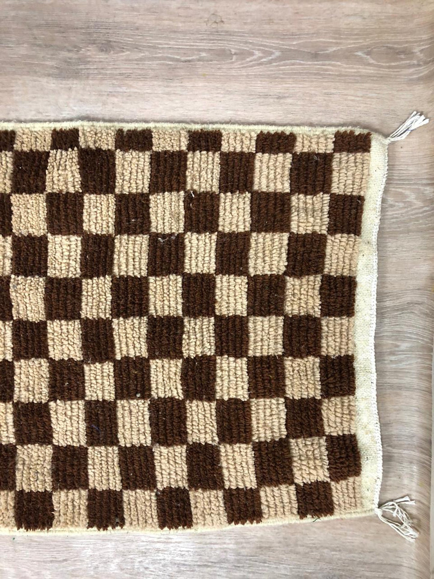 Narrow Moroccan Checkered runner, Brown and cream Berber rug