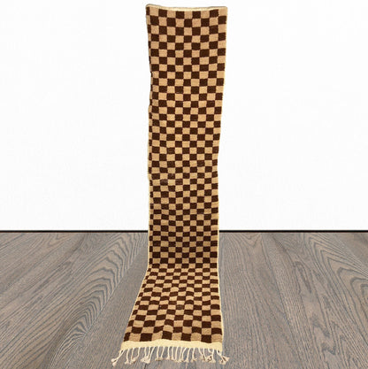 Narrow Moroccan Checkered runner, Brown and cream Berber rug