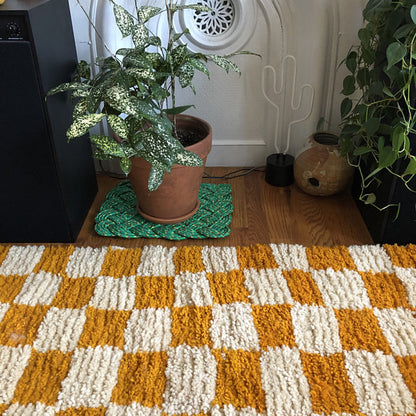 Moroccan rug - Green Checkered rug, Handmade Berber wool shag area rugs for living room and cozy home decor.