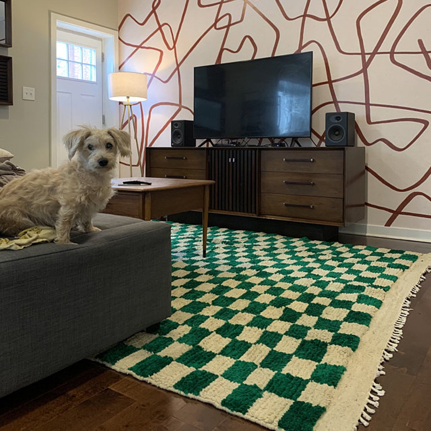 Moroccan rug - Green Checkered rug, Handmade Berber wool shag area rugs for living room and cozy home decor.