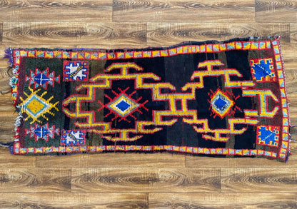 Tapis marocain tissé ancien et rare, 2x6, tapis étroits noirs