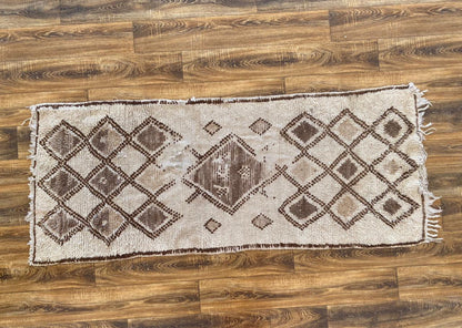 3x6 Moroccan White Rugs and Diamond Brown. Vintage woolen worn Rug.