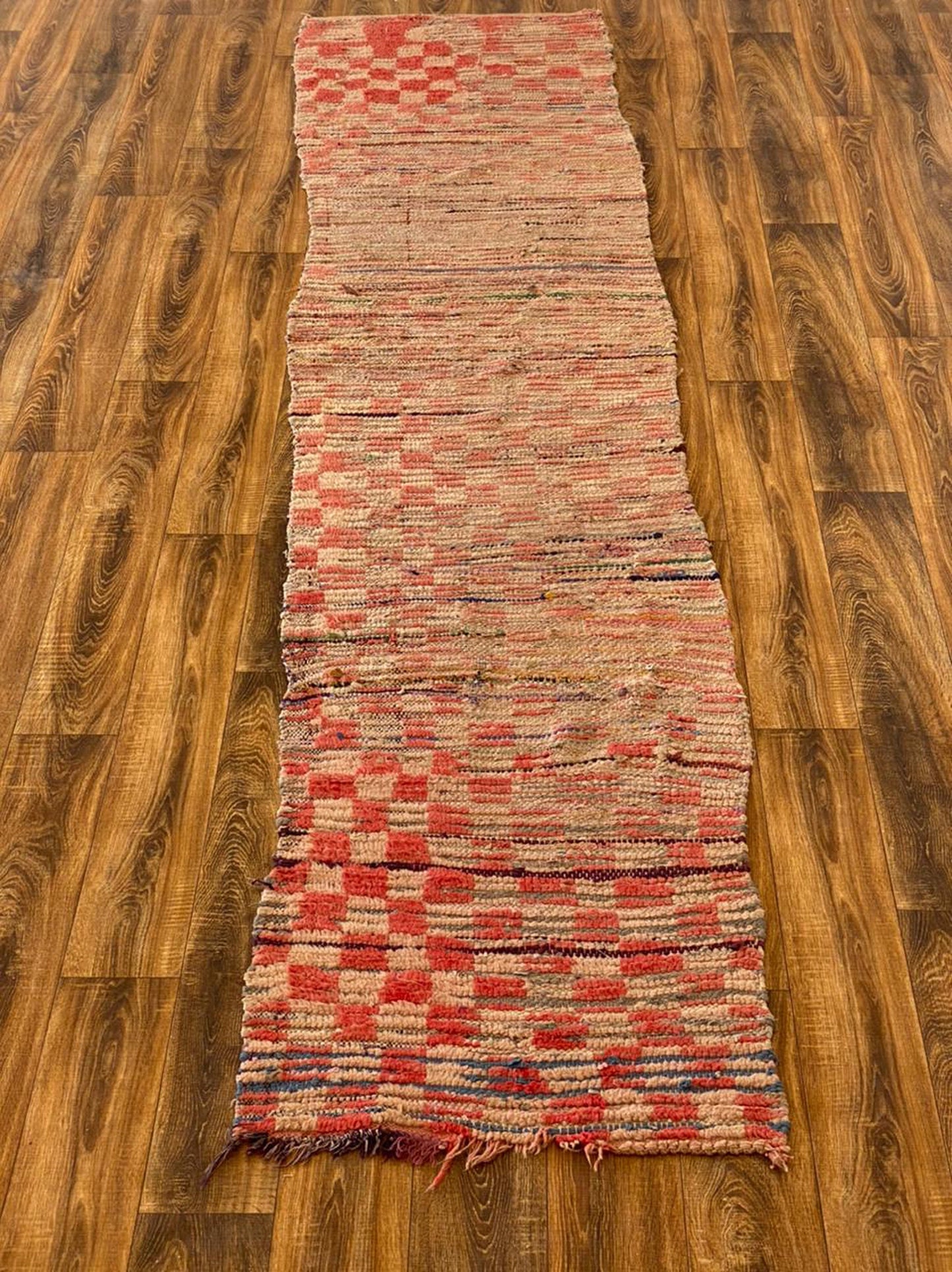 2x11 Faded checkered Narrow runner Rug, Berber Moroccan worn runners Rug.