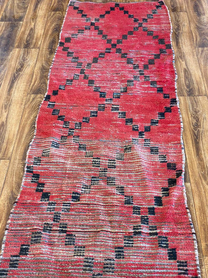 2x10 Red Rug and Diamond Black vintage long narrow runner Rug. Moroccan Berber Rugs.