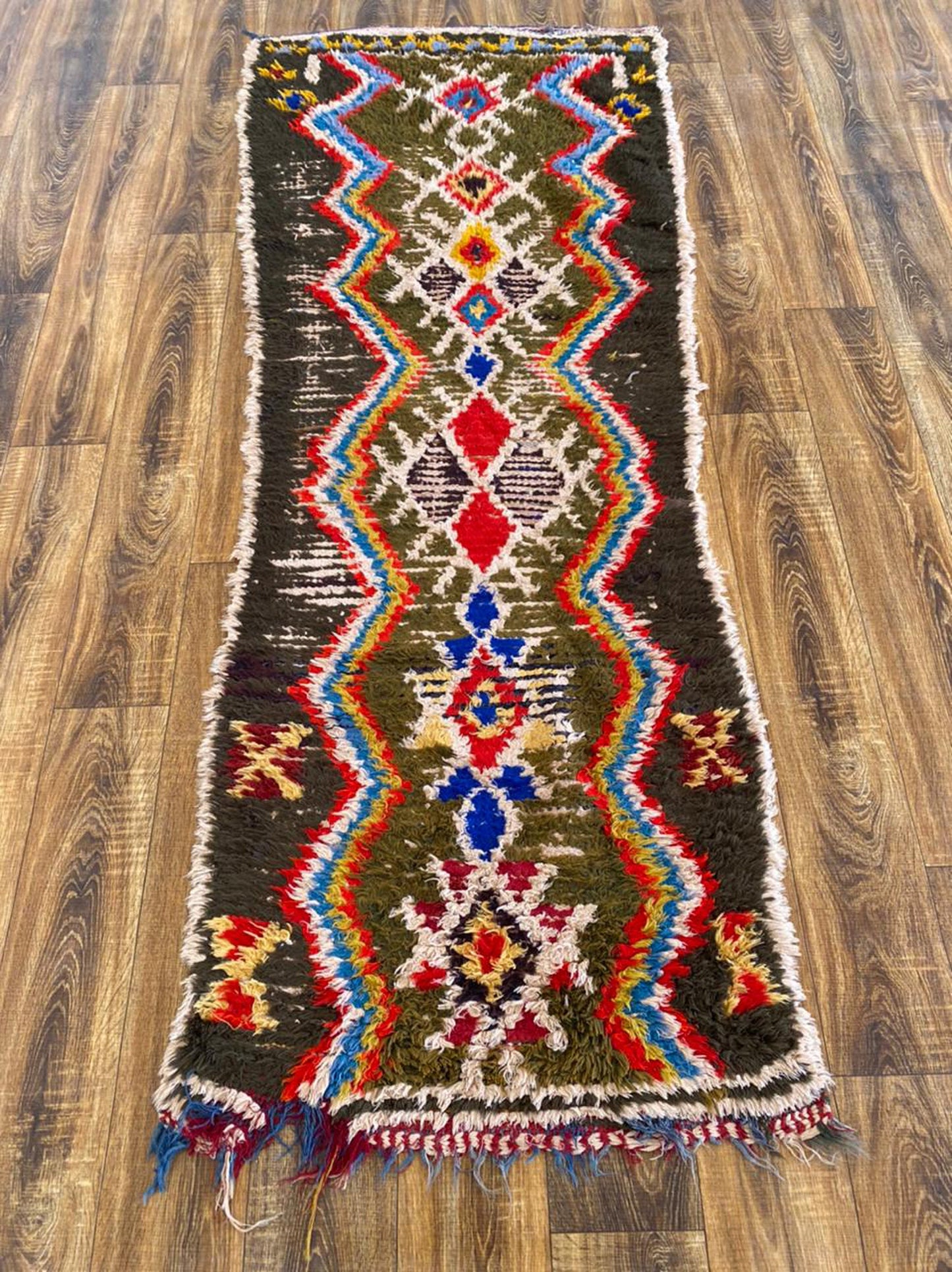 Tapis berbère vintage marocain 3x7 pieds, tapis tissé Azilal.