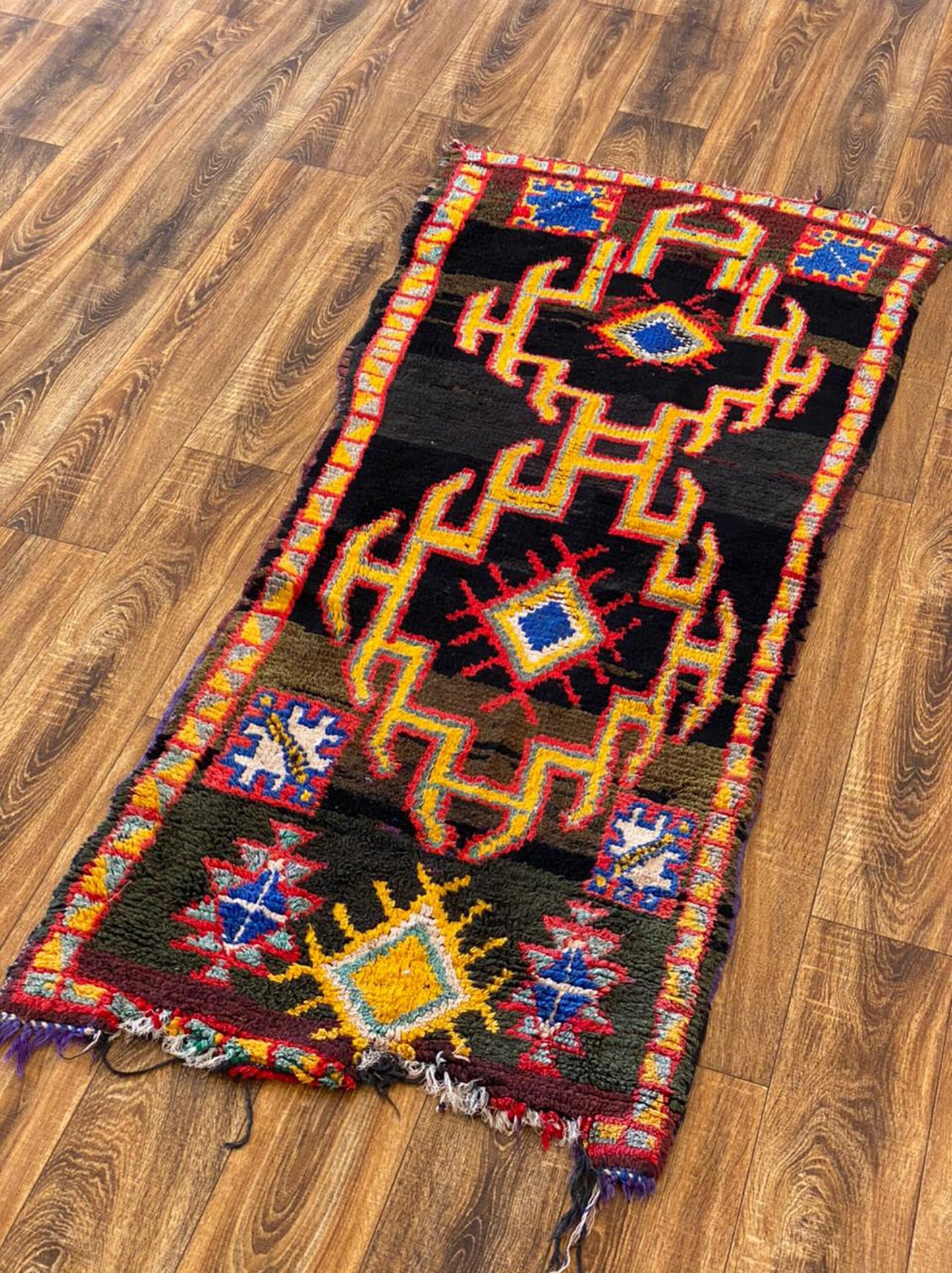 Tapis marocain tissé ancien et rare, 2x6, tapis étroits noirs