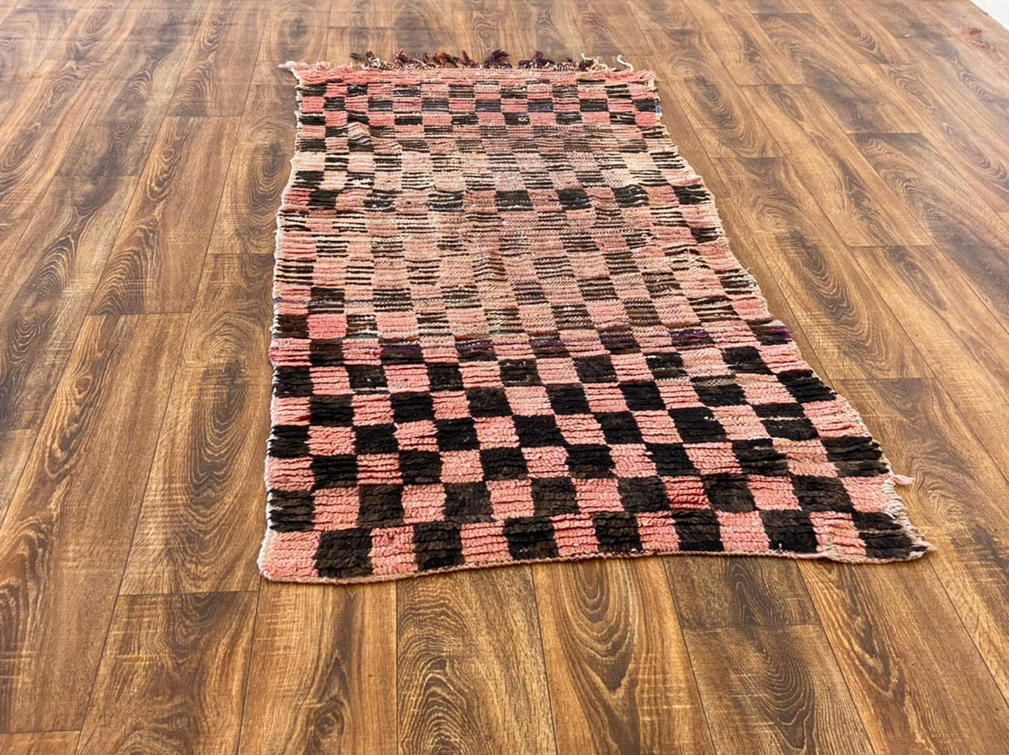 3x7 Moroccan Vintage worn checkered runner Rug.