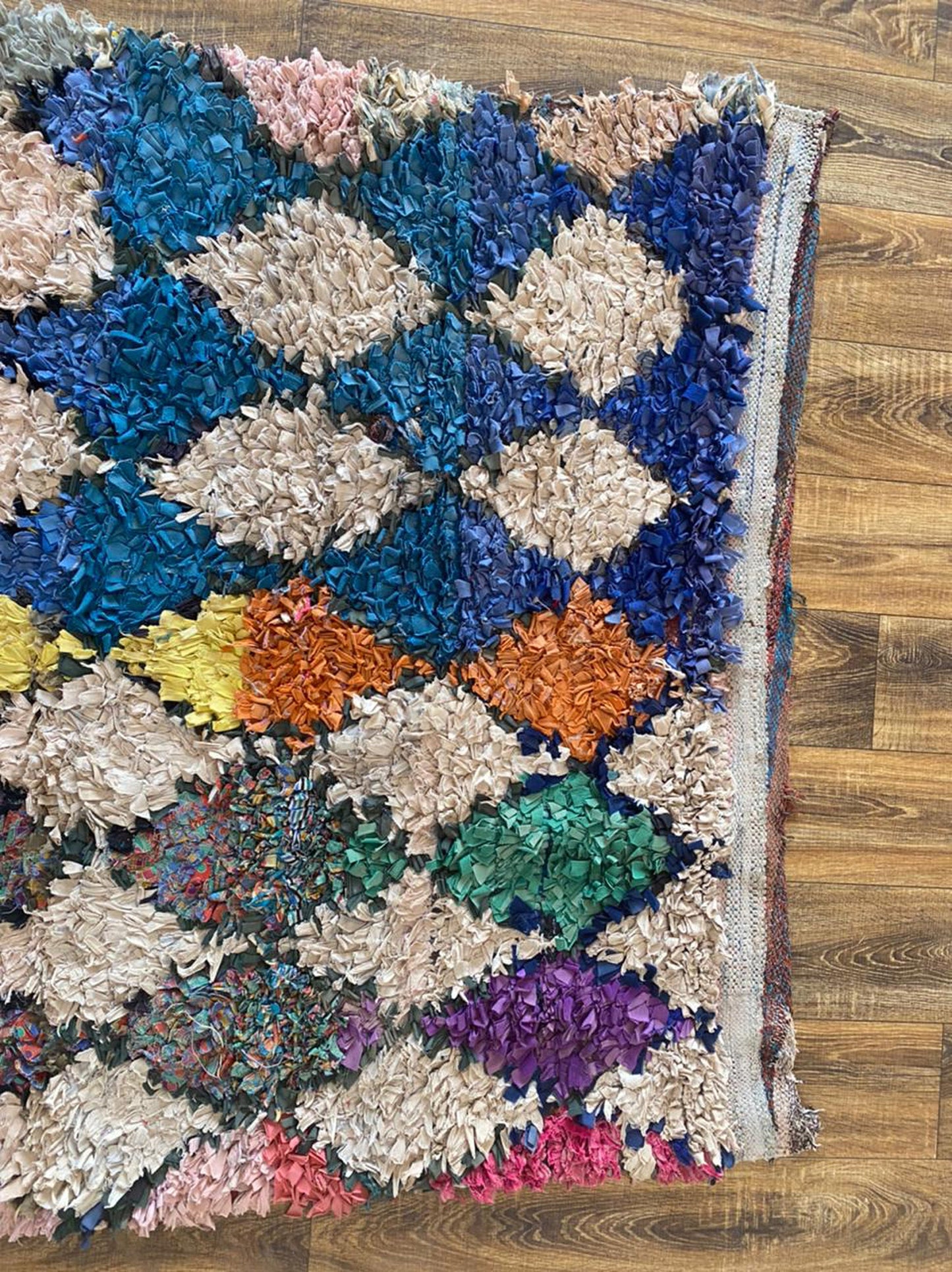 4x5 ft Moroccan Boucherouite vintage rug.