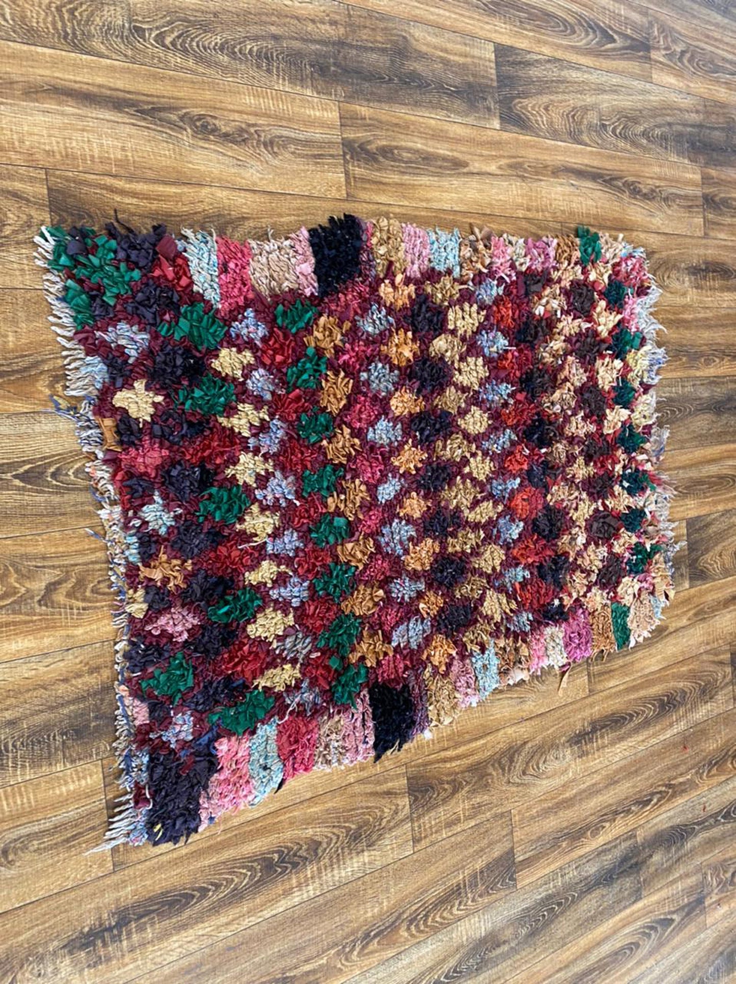 3x4 ft Boucherouite colorful Moroccan rug.