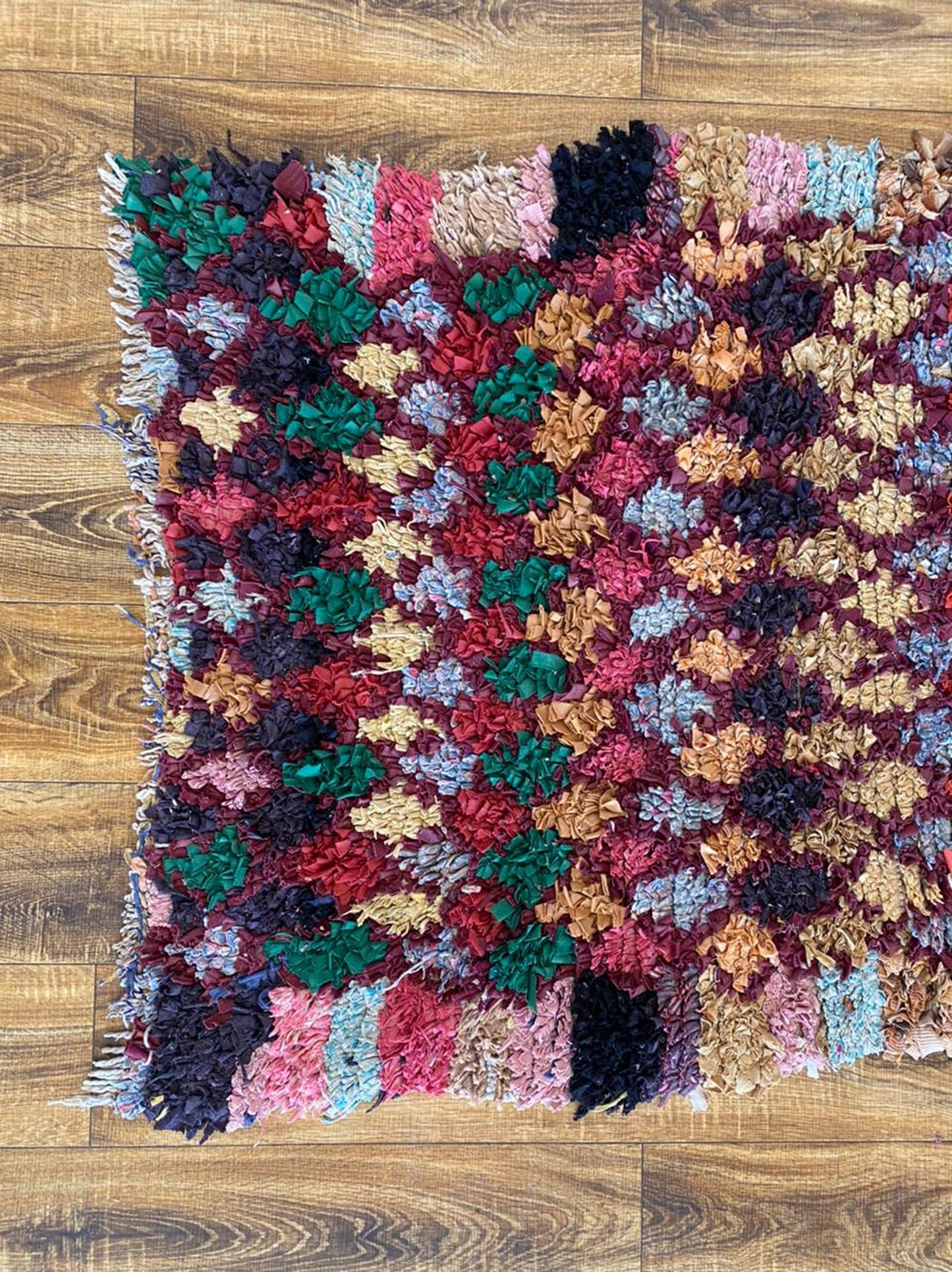 3x4 ft Boucherouite colorful Moroccan rug.