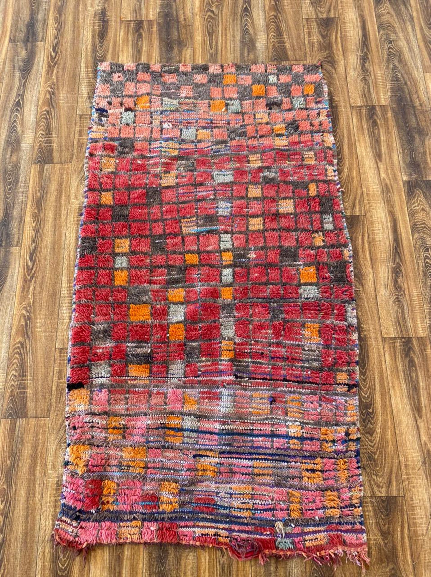 3x6 ft vintage Moroccan woven worn rug.