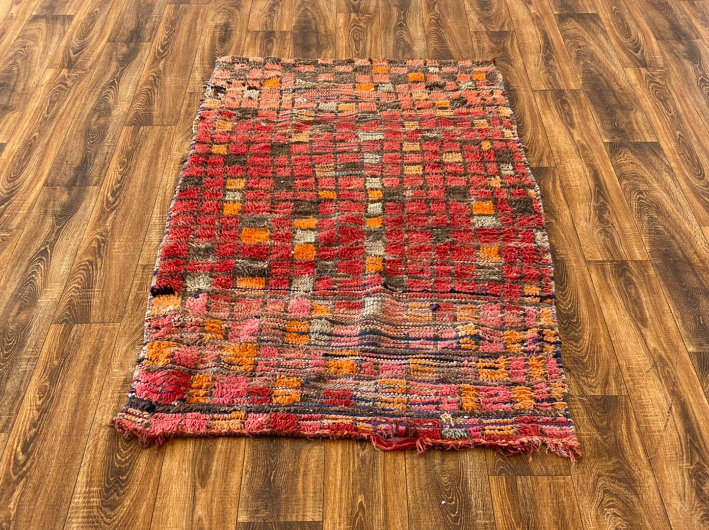 3x6 ft vintage Moroccan woven worn rug.