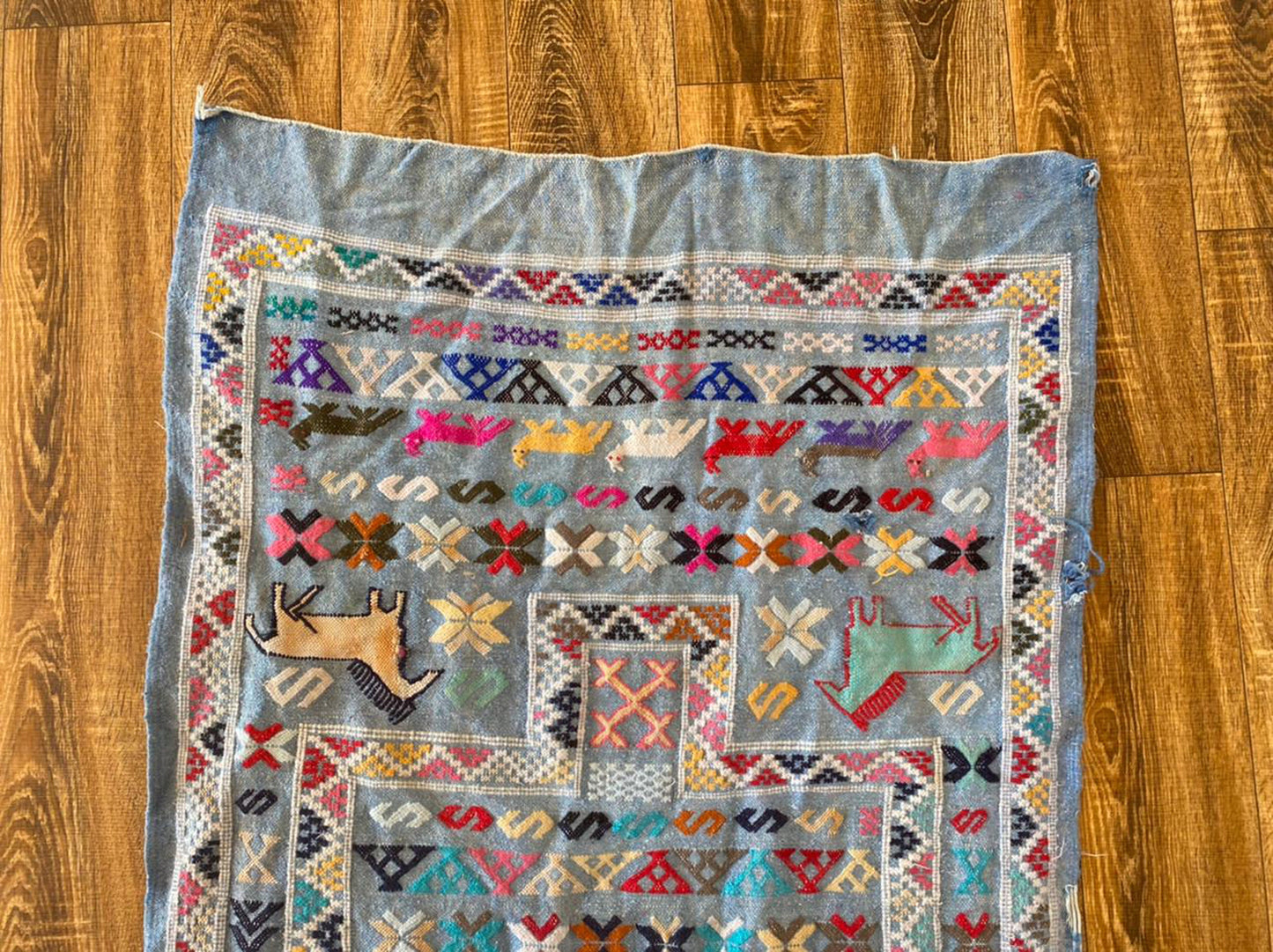 3x5 ft colorful small Moroccan kilim rug.