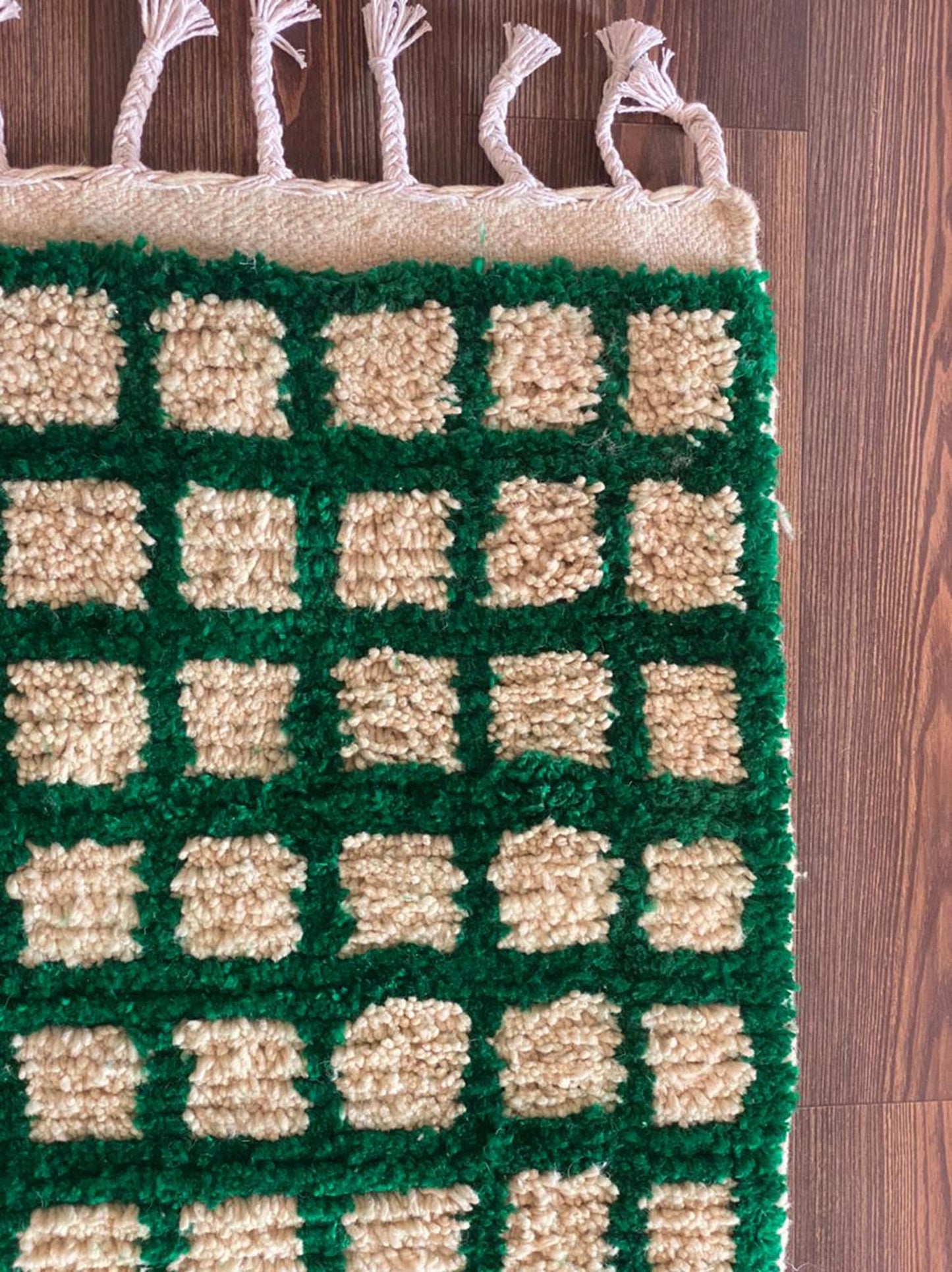 Moroccan Berber Green and white Grid area rug.