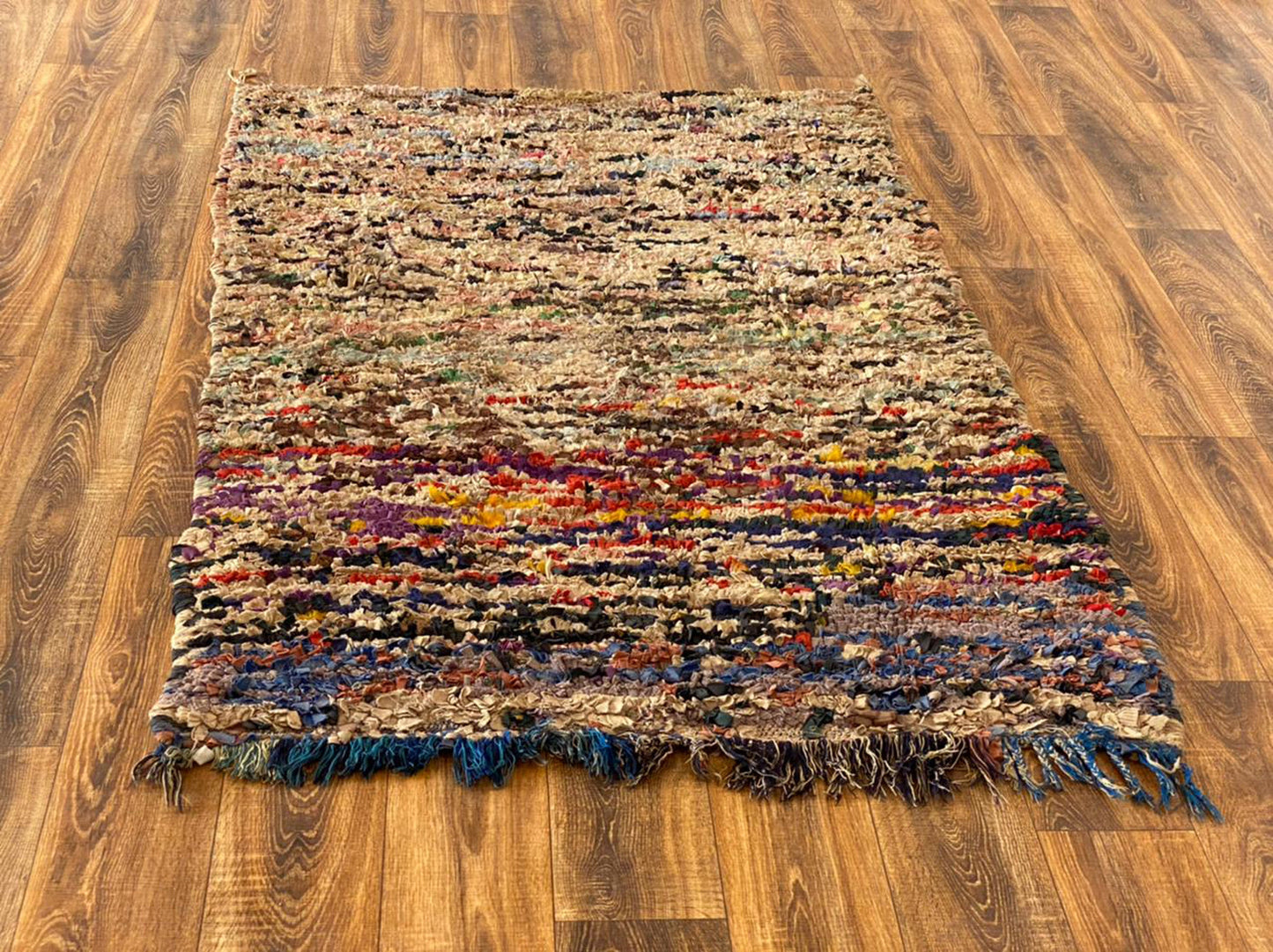 Moroccan vintage Boucherouite rug 4x6 ft.