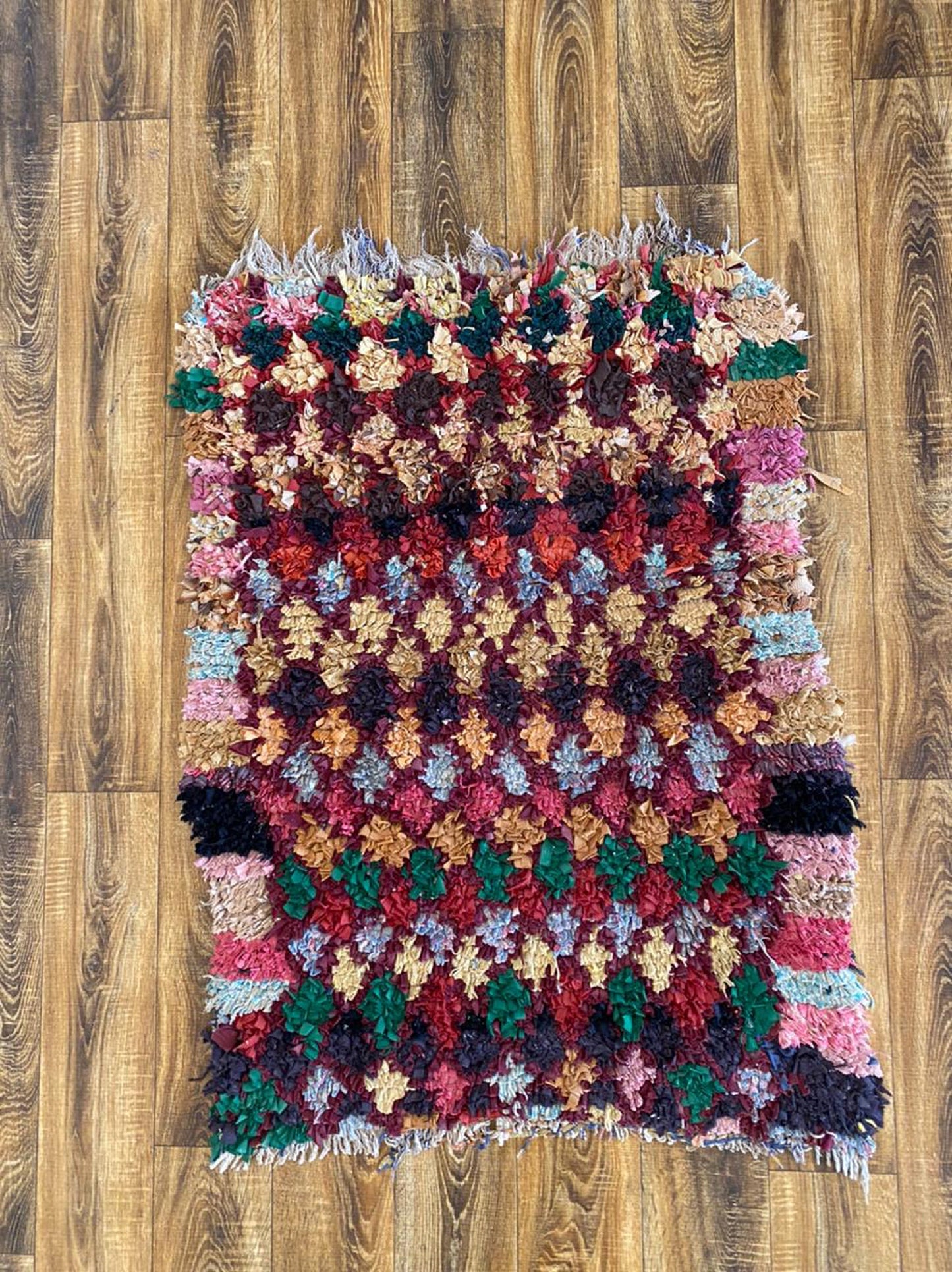 3x4 ft Boucherouite colorful Moroccan rug.