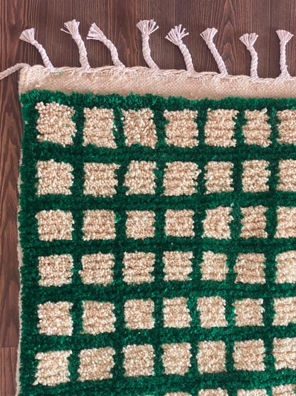 Moroccan Berber Green and white Grid area rug.