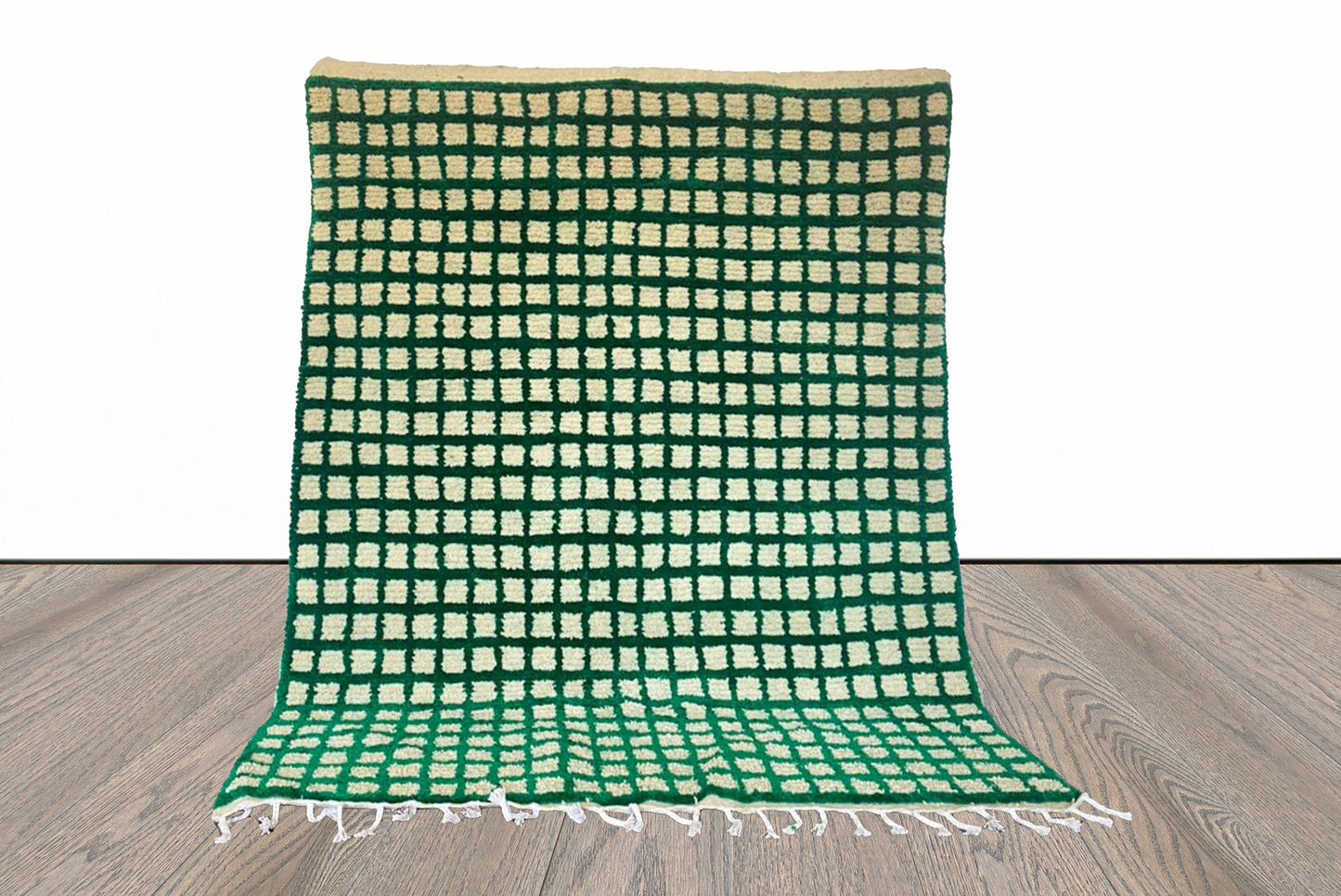 Moroccan Berber Green and white Grid area rug.