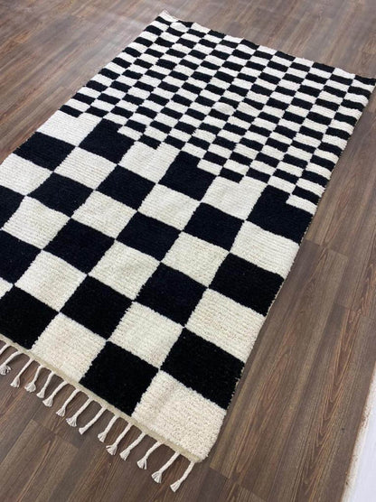 Black and White Moroccan Rug, Handmade Irregular Checkered Design for a Chic Look.