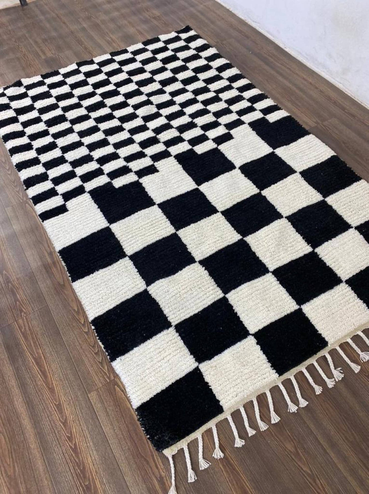 Black and White Moroccan Rug, Handmade Irregular Checkered Design for a Chic Look.