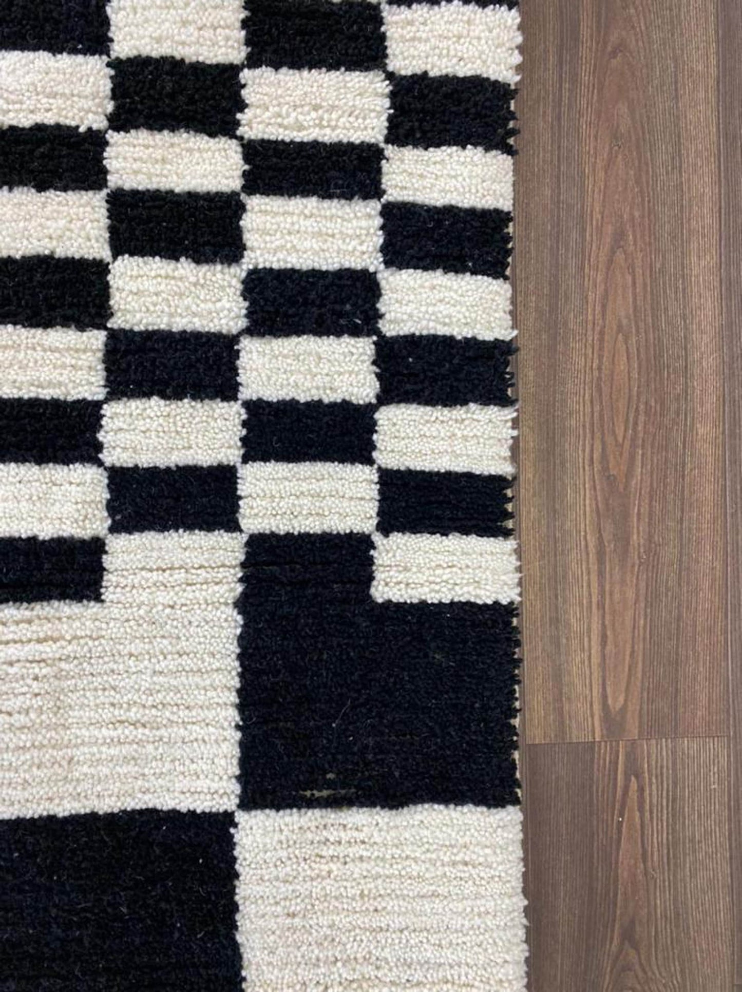 Black and White Moroccan Rug, Handmade Irregular Checkered Design for a Chic Look.