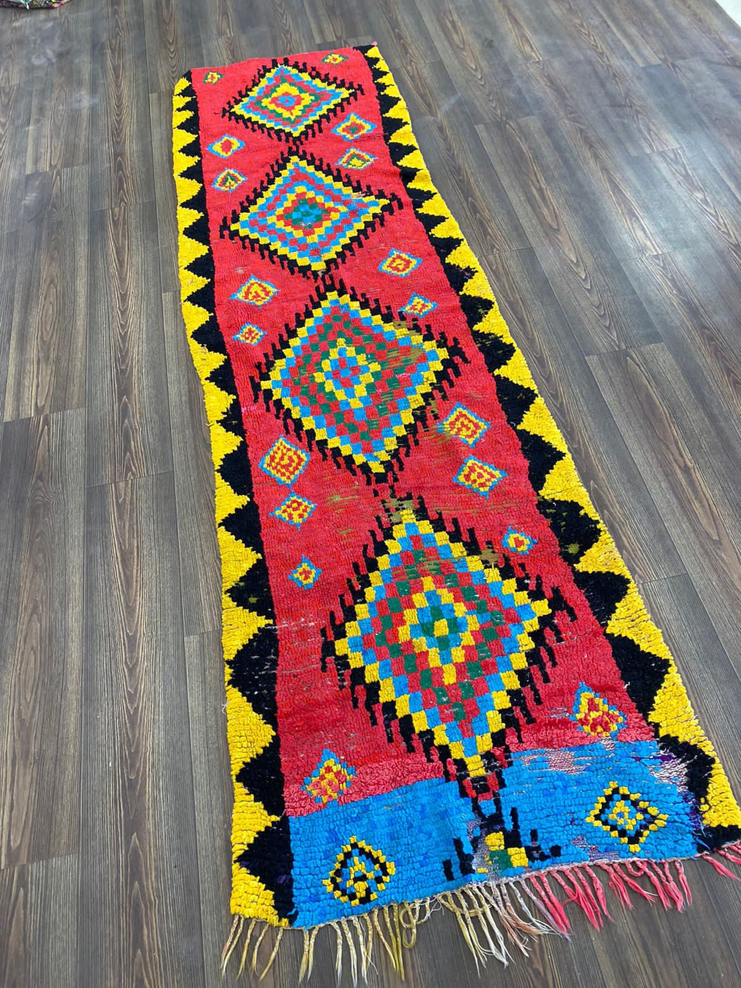 Tapis marocain en coton et laine, tapis de couloir 2 pi sur 9 pi.