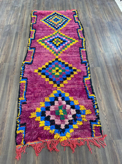 Tapis marocain vintage violet 3x9 pieds, tapis de couloir en coton et laine.