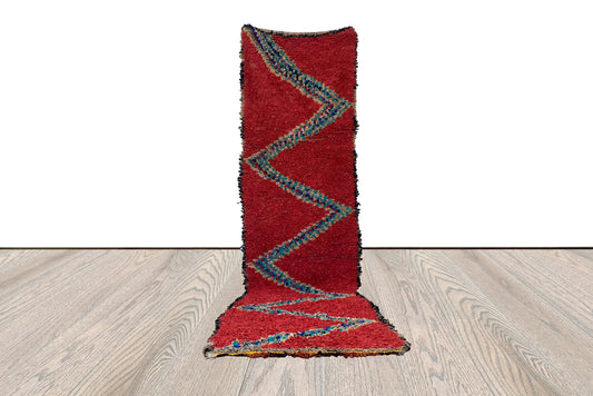 3x10 ft Moroccan Berber Vintage Rug, runner narrow Rug, colorful Boucherouite red striped Rug.