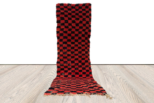 3x10 ft Checkered wool Rug, Moroccan Vintage Berber long runner narrow Rug.