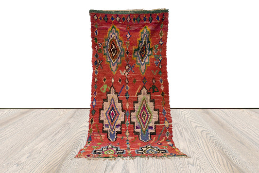 Tapis berbères marocains anciens, tapis Boucherouite vintage 3x7,5 pieds, tapis de couloir tribaux marocains Boho, kilim recyclé marocain.