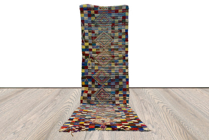 3x10 ft moroccan tribal woven rug, checkered narrow runner rug.