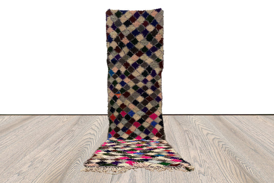 Tapis berbères vintage en laine, tapis étroit à losanges colorés de 3 x 10 pieds.