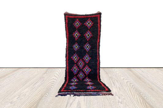 3 x 9 ft Boucherouite black Rug, Moroccan Vintage Rug.