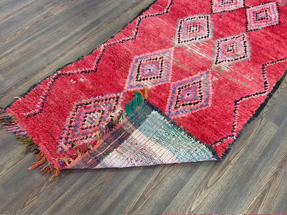 Boho Vintage area red Rug, Moroccan woven Wool and Cotton Rug 4x9 feet.