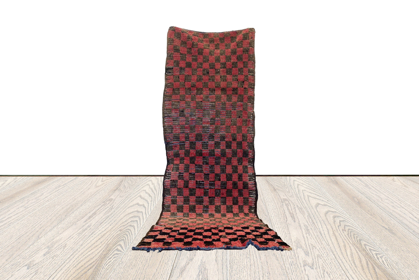 Tapis vintage rouge et noir, tapis de couloir à carreaux berbères 3 x 8 pieds.