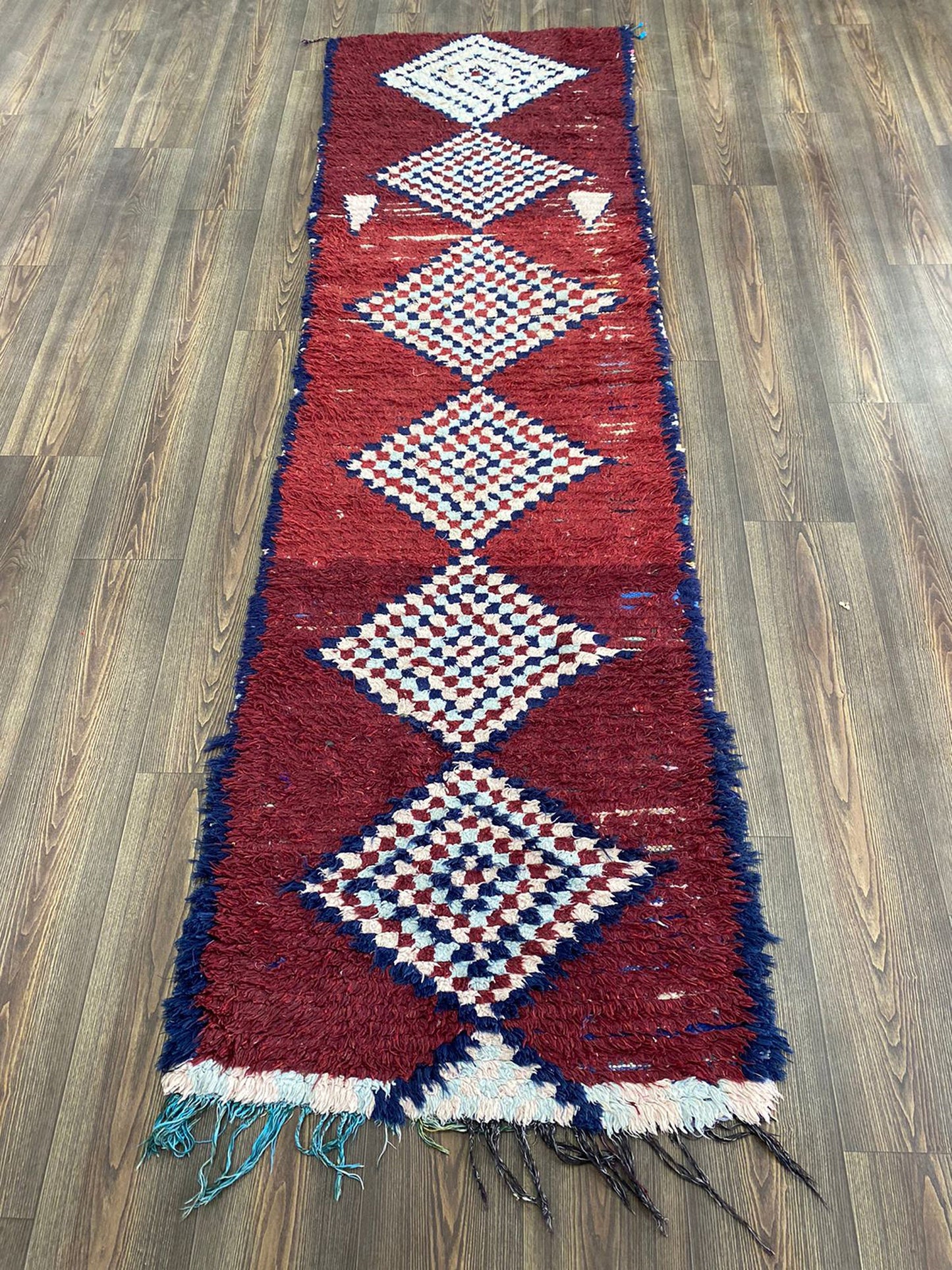 2x9 ft moroccan berber narrow runner rug, vintage woven wool runner shag rug.