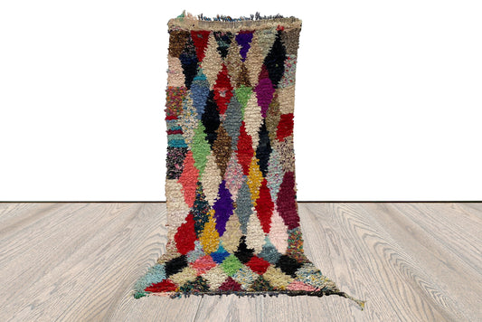 Tapis de couloir étroit Boucherouite, 2x7 pi, tapis à diamants colorés vintage.