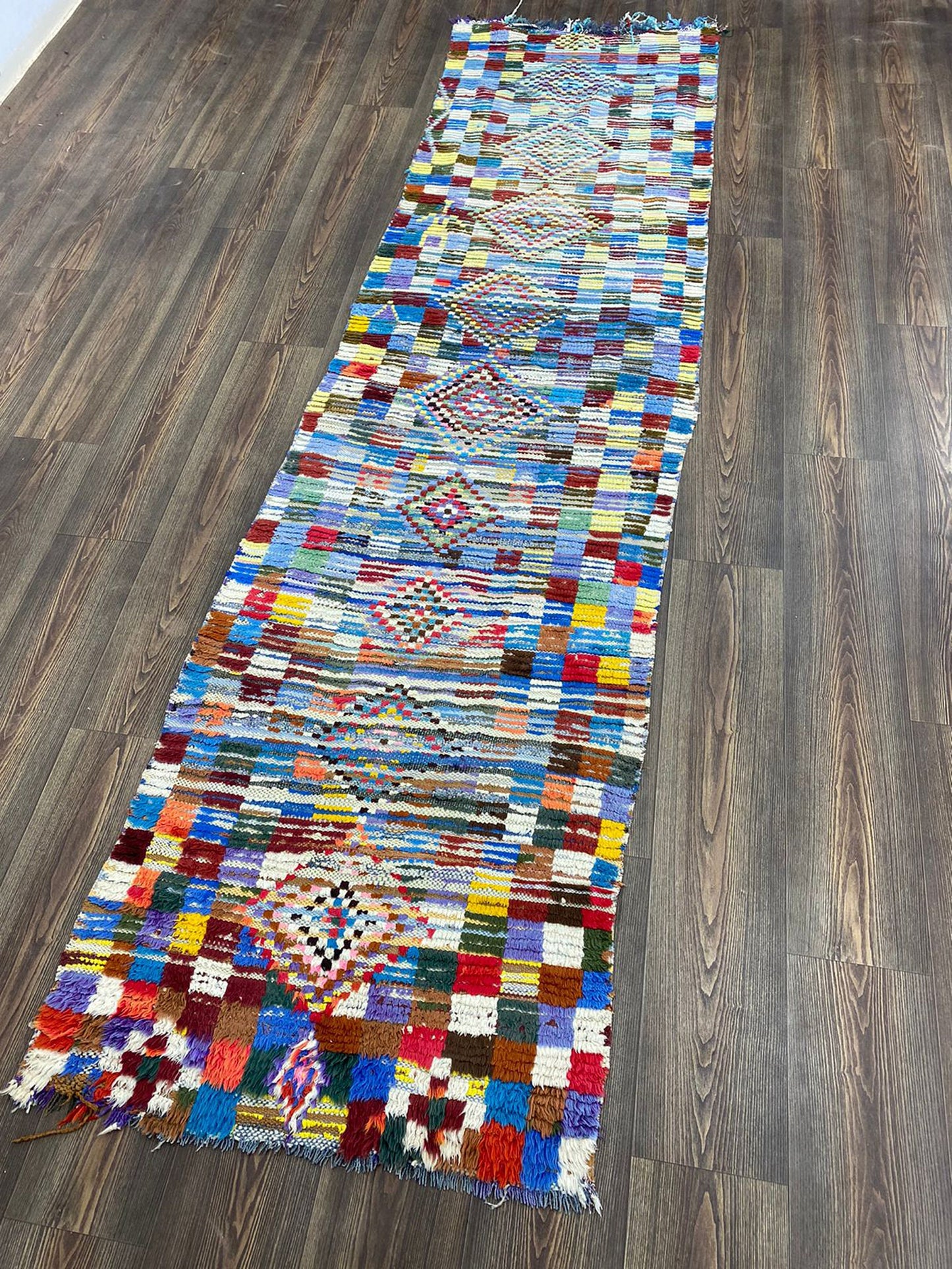 3x10 ft moroccan tribal woven rug, checkered narrow runner rug.