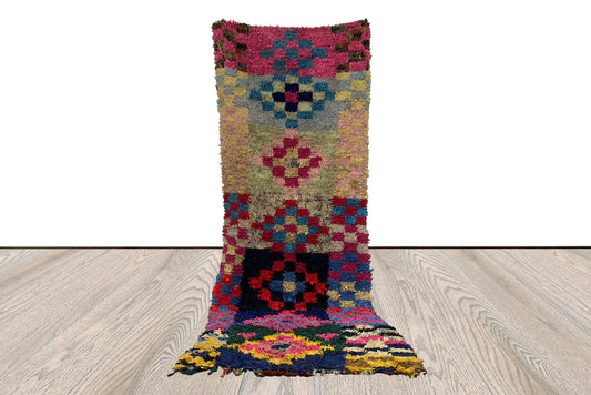 3 x 9 ft berber vintage colorful boucherouite runner narrow rug, moroccan checkered old rug.