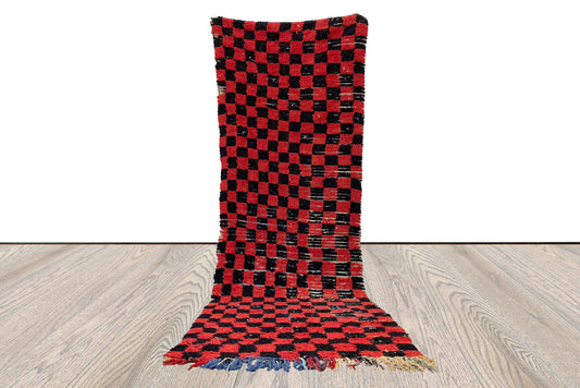 Tapis berbère tissé à carreaux noir et rouge 3x9 pieds, tapis de couloir étroit vintage marocain,