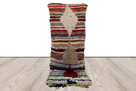 Tapis berbère vintage Boucherouite à couloir étroit, 2x7 pieds, vieux tapis.