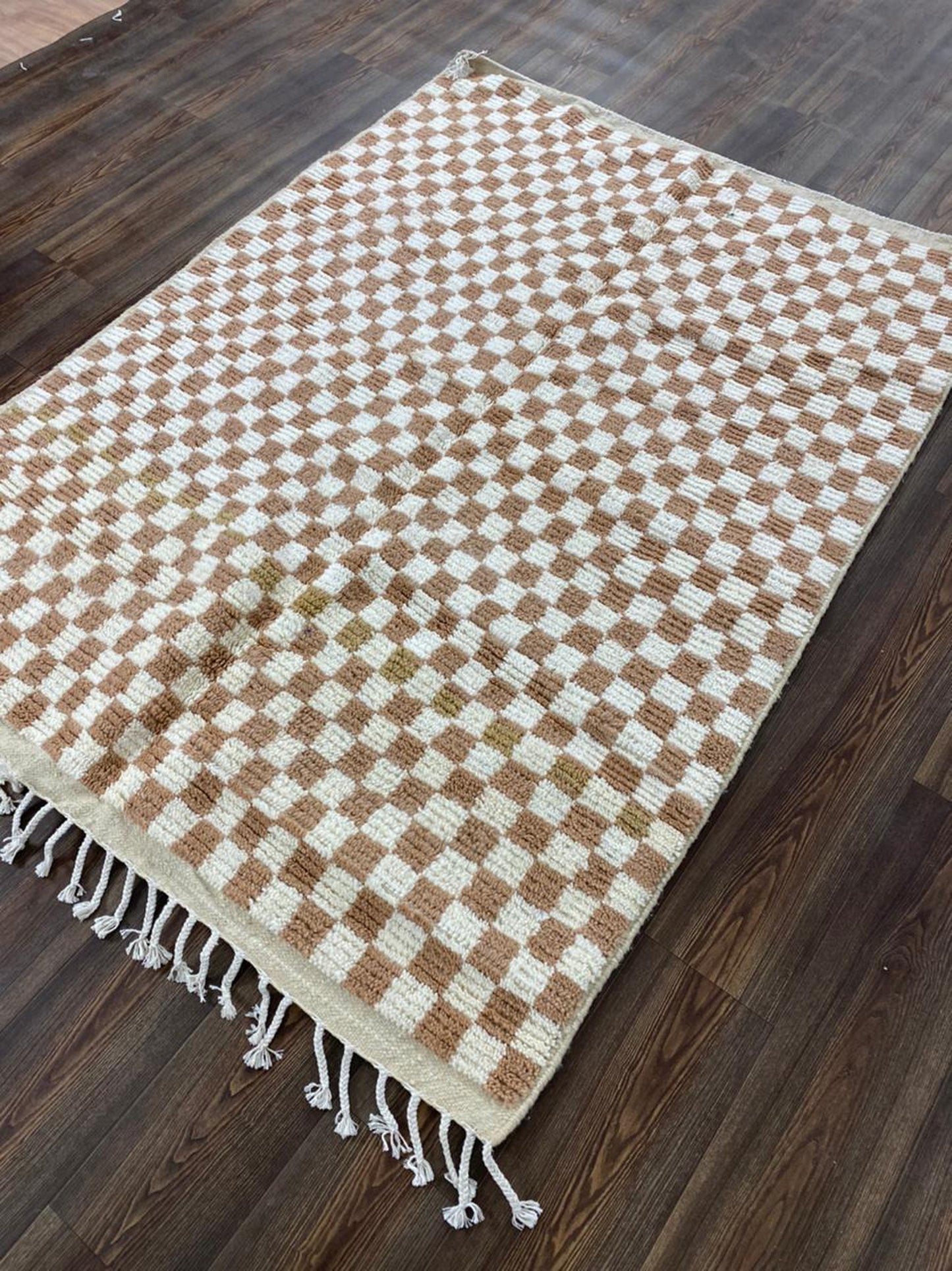 Soft Moroccan Berber Wool Shag Rug - Cream and White Checkered Design