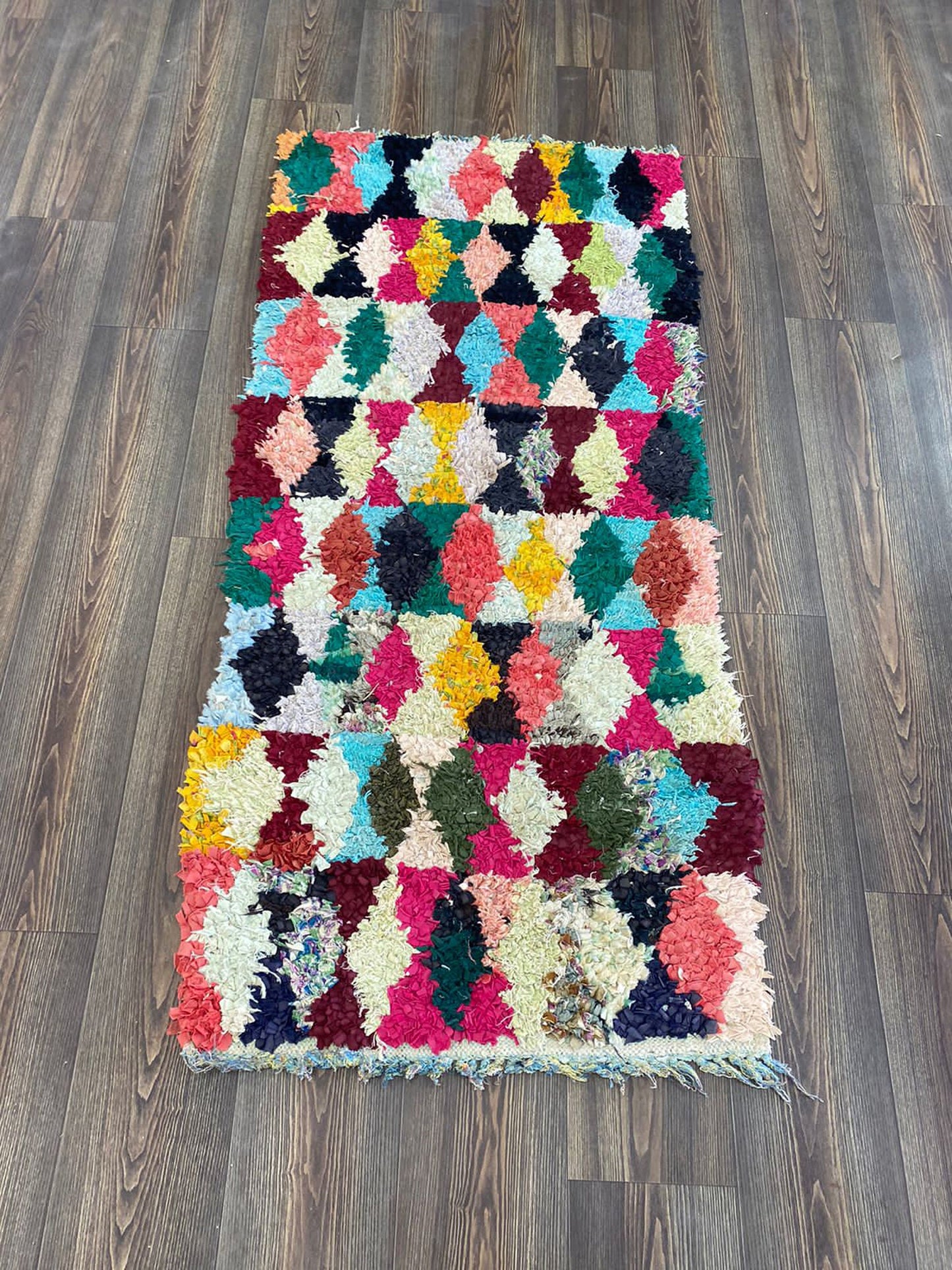 Boucherouite Diamond colorful runner Rug, 3 by 5 ft.