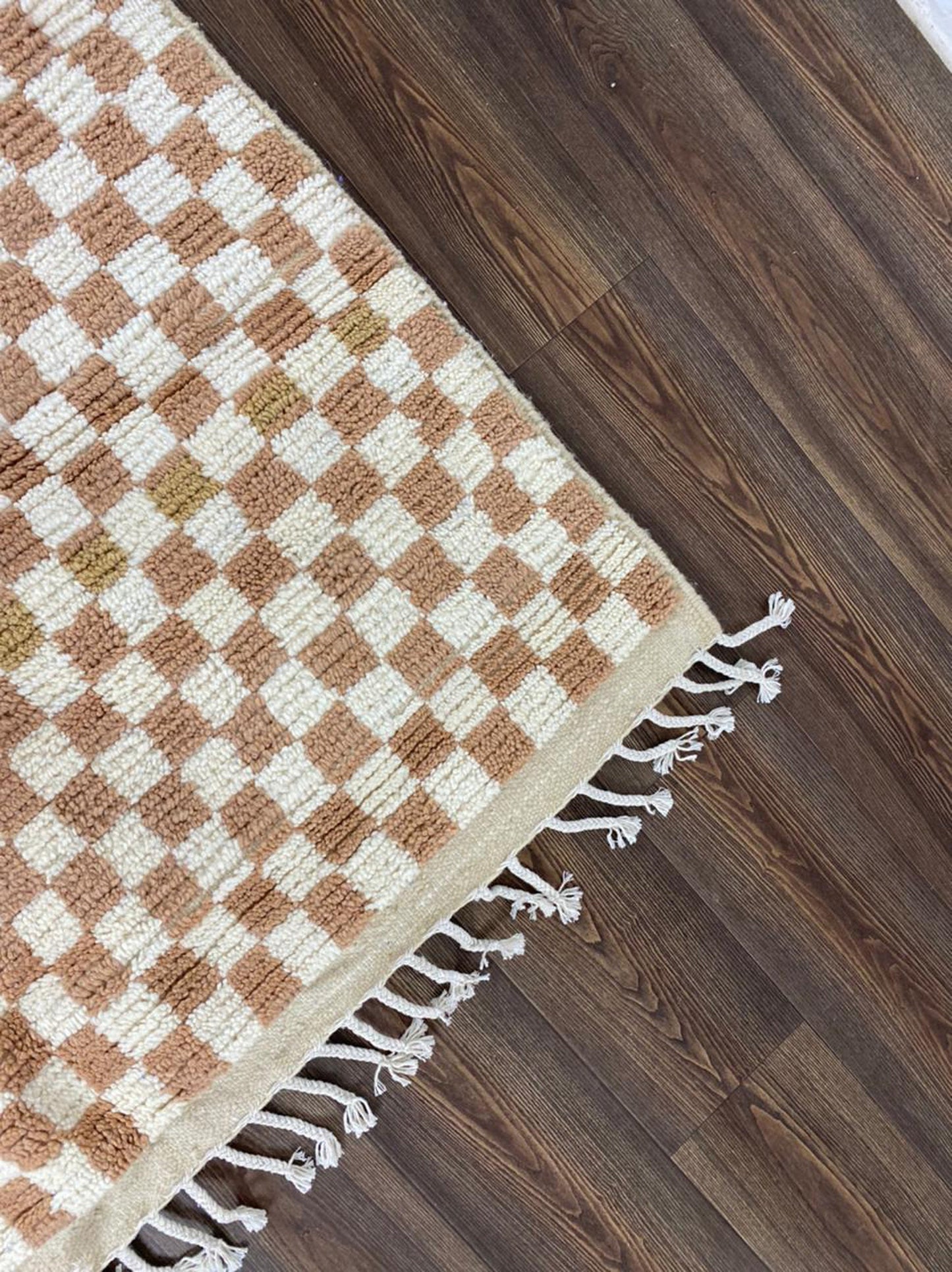 Soft Moroccan Berber Wool Shag Rug - Cream and White Checkered Design