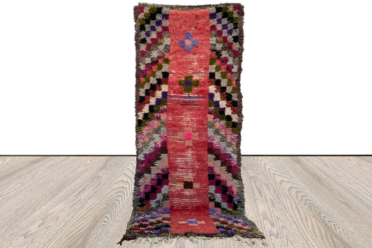 Tapis à carreaux étroit, 3x7 pieds, tapis marocain vintage coloré.